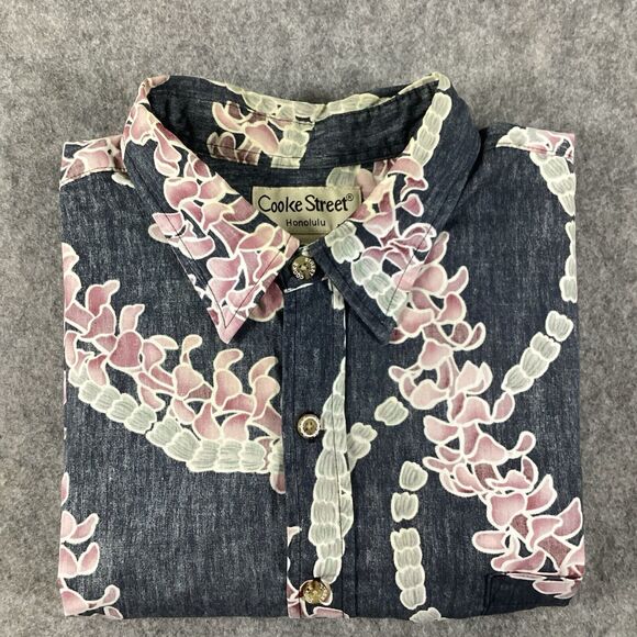 Cooke Street Honolulu Mens XL Hawaiian Floral Blue Button Camp Shirt U.S.A Made - Picture 15 of 15